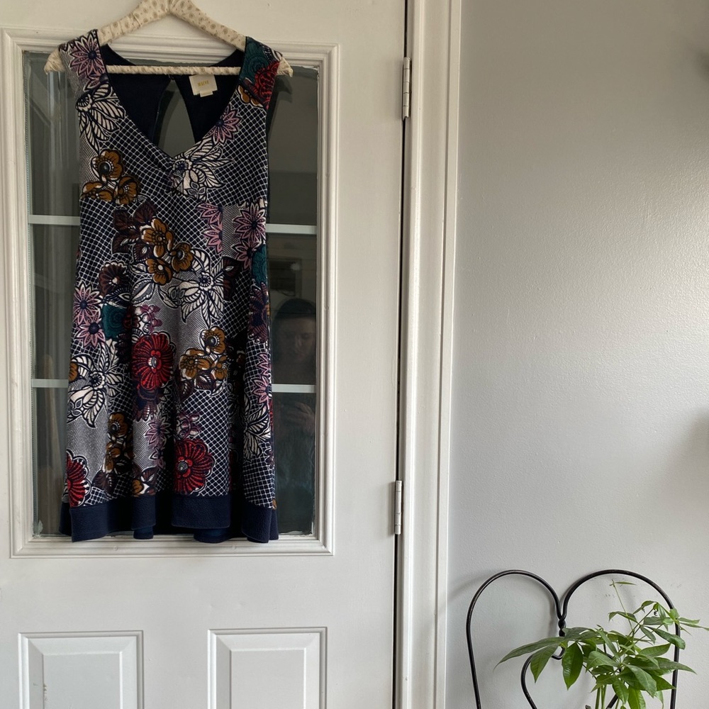Maeve multi-colored assymetrical dress. Super flattering fitted top, A-line sz S